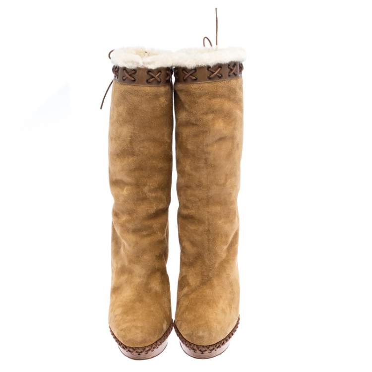 Pre Owned Christian Louboutin Brown Suede Oulanbator Platform Mid Calf Boots Size 39.5