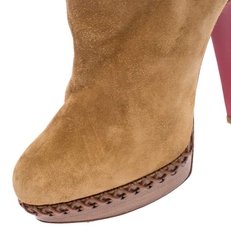 Pre Owned Christian Louboutin Brown Suede Oulanbator Platform Mid Calf Boots Size 39.5