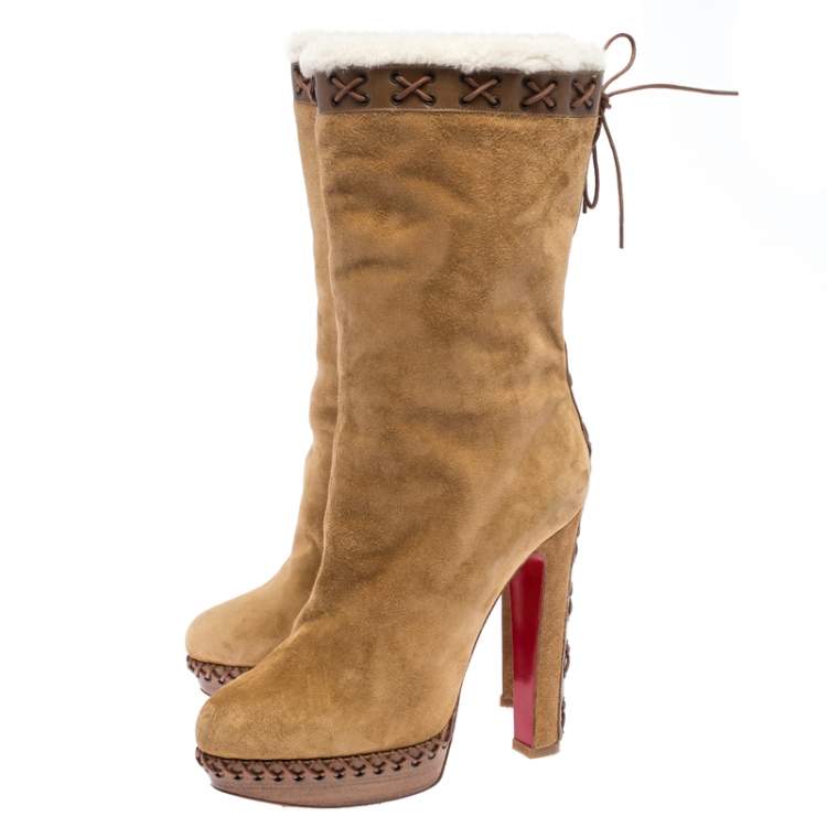 Pre Owned Christian Louboutin Brown Suede Oulanbator Platform Mid Calf Boots Size 39.5