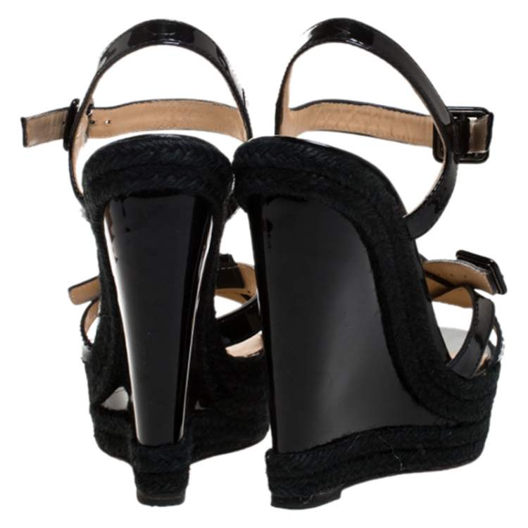 Pre Owned Christian Louboutin Black Patent Leather Zero Problem Espadrille Wedge Sandals Size 38