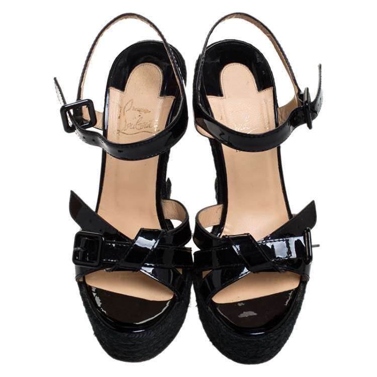 Pre Owned Christian Louboutin Black Patent Leather Zero Problem Espadrille Wedge Sandals Size 38