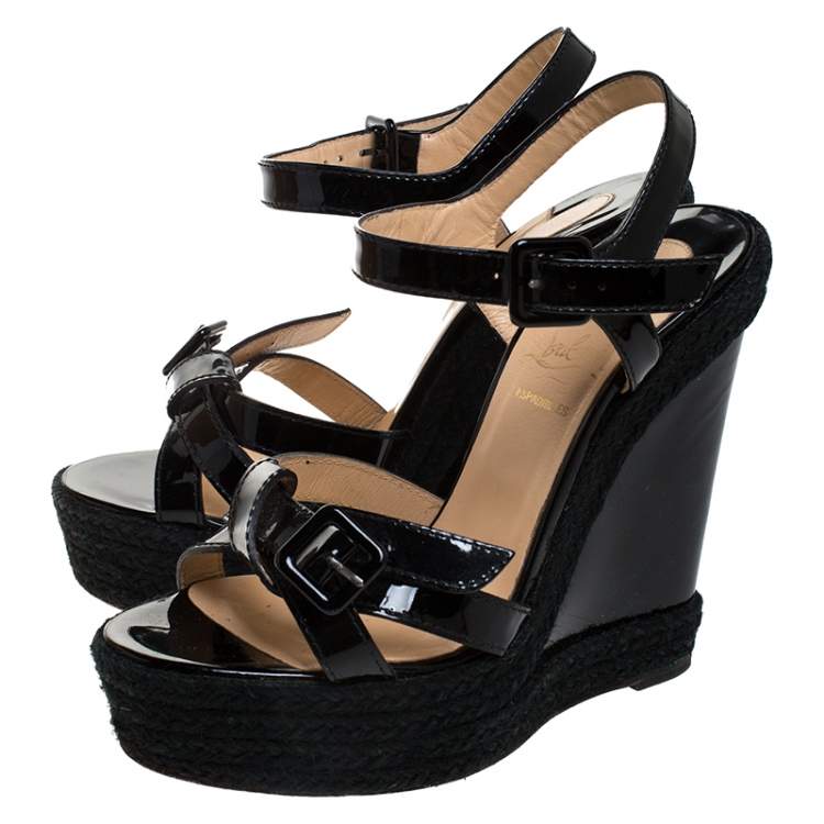 Pre Owned Christian Louboutin Black Patent Leather Zero Problem Espadrille Wedge Sandals Size 38