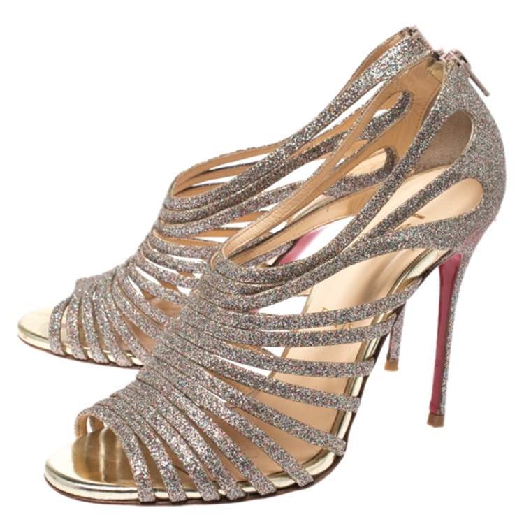 Pre Owned Christian Louboutin Gold Glitter Mul Tibrida Strappy Sandals Size 37