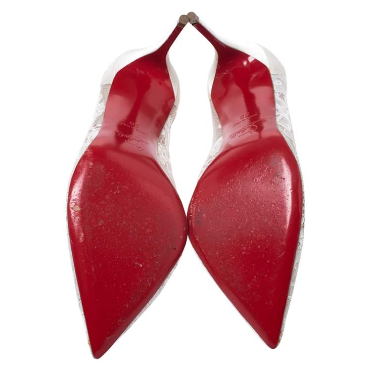 Pre Owned Christian Louboutin White Satin and Lace Neoalto Pointed Toe Pumps Size 38
