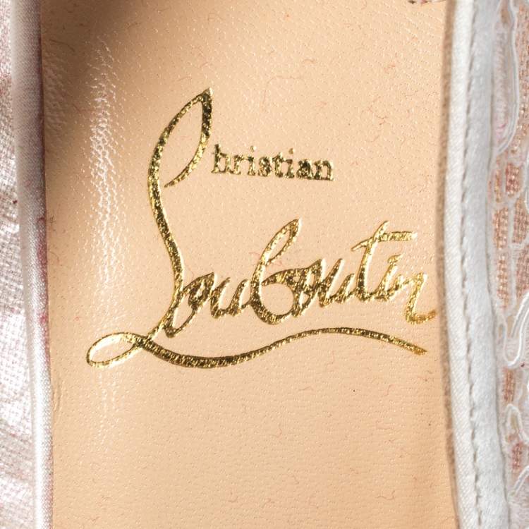 Pre Owned Christian Louboutin White Satin and Lace Neoalto Pointed Toe Pumps Size 38