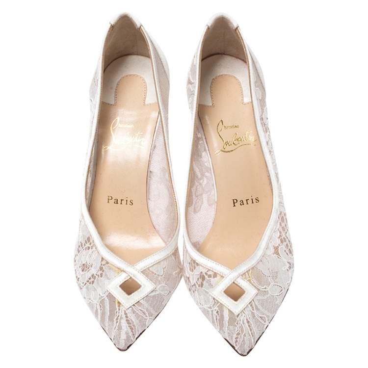Pre Owned Christian Louboutin White Satin and Lace Neoalto Pointed Toe Pumps Size 38