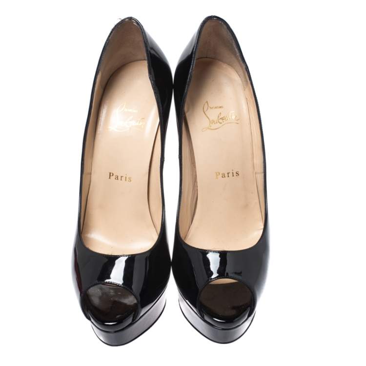 Pre Owned Christian Louboutin Black Patent Leather Lady Peep Pumps Size 39.5