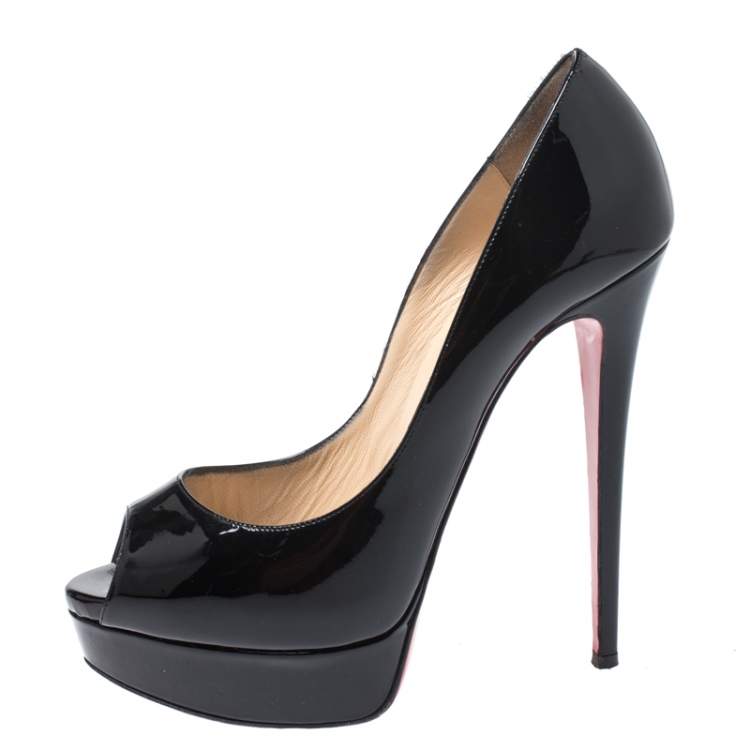 Pre Owned Christian Louboutin Black Patent Leather Lady Peep Pumps Size 39.5