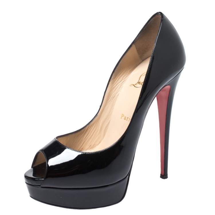 Pre Owned Christian Louboutin Black Patent Leather Lady Peep Pumps Size 39.5