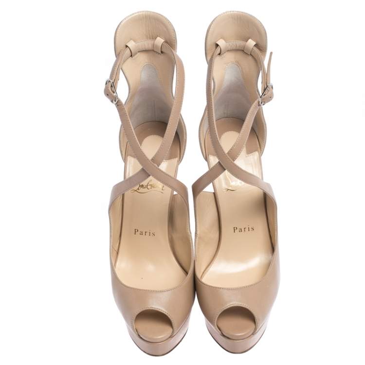 Pre Owned Christian Louboutin Beige Leather Marlenalta Platform Ankle Strap Sandals Size 37.5