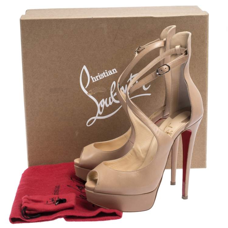 Pre Owned Christian Louboutin Beige Leather Marlenalta Platform Ankle Strap Sandals Size 37.5