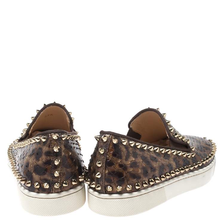 Pre Owned Christian Louboutin Bronze Leopard Print Python Spike Slip On Sneakers Size 37.5