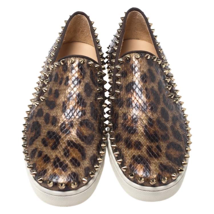 Pre Owned Christian Louboutin Bronze Leopard Print Python Spike Slip On Sneakers Size 37.5