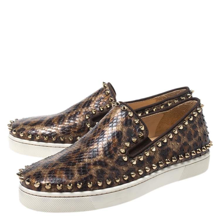 Pre Owned Christian Louboutin Bronze Leopard Print Python Spike Slip On Sneakers Size 37.5