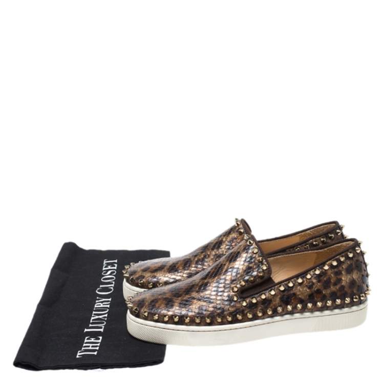 Pre Owned Christian Louboutin Bronze Leopard Print Python Spike Slip On Sneakers Size 37.5