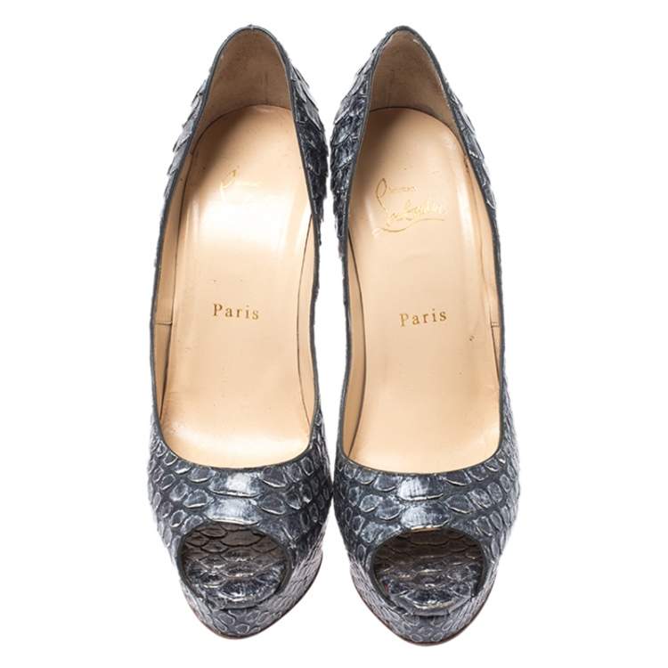 Pre Owned Christian Louboutin Ash Blue Python Lady Peep Platform Pumps Size 38.5