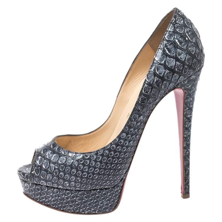 Pre Owned Christian Louboutin Ash Blue Python Lady Peep Platform Pumps Size 38.5