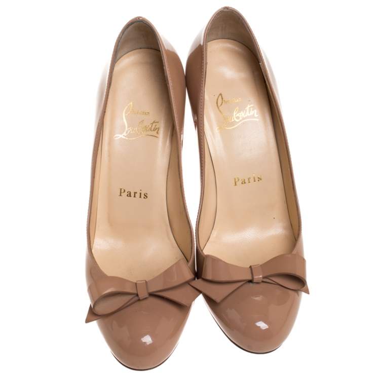 Pre Owned Christian Louboutin Beige Patent Leather Bow Vinodo Pumps Size 36