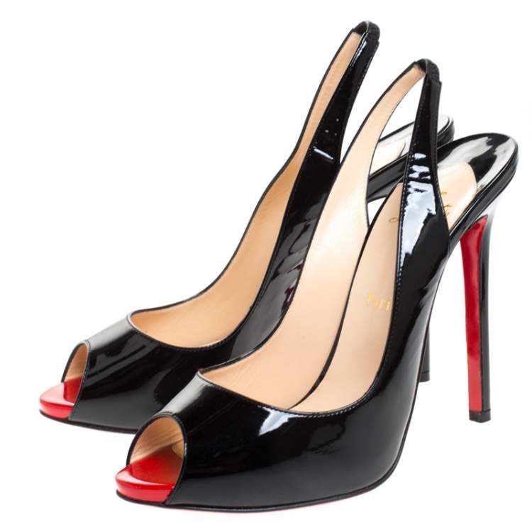 Pre Owned Christian Louboutin Black Patent Leather Flo Peep Toe Slingback Sandals Size 40