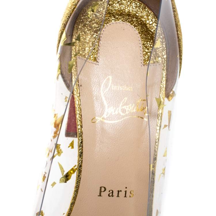 Pre Owned Christian Louboutin Gold Textured Leather and PVC Lady Gena Pumps Size 40