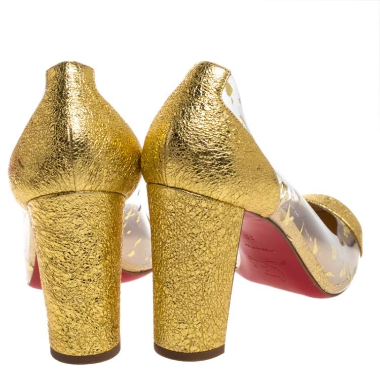 Pre Owned Christian Louboutin Gold Textured Leather and PVC Lady Gena Pumps Size 40