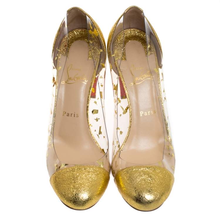 Pre Owned Christian Louboutin Gold Textured Leather and PVC Lady Gena Pumps Size 40