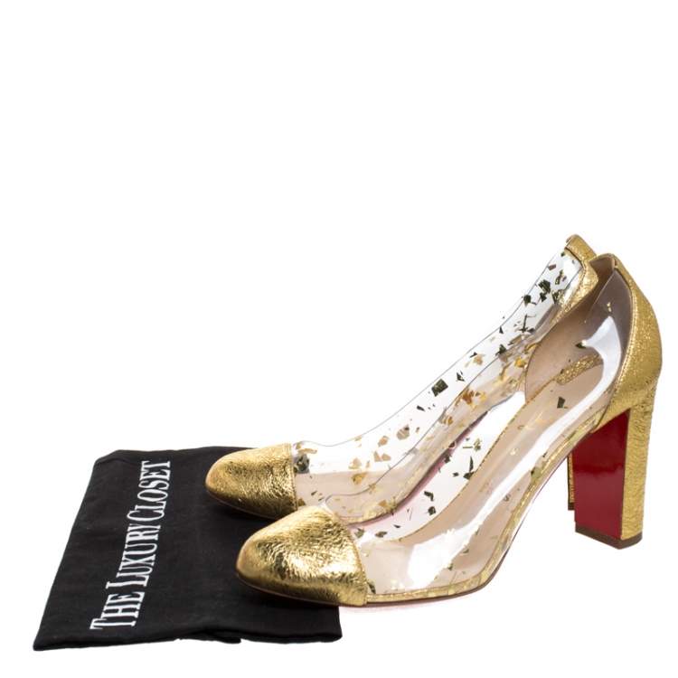 Pre Owned Christian Louboutin Gold Textured Leather and PVC Lady Gena Pumps Size 40