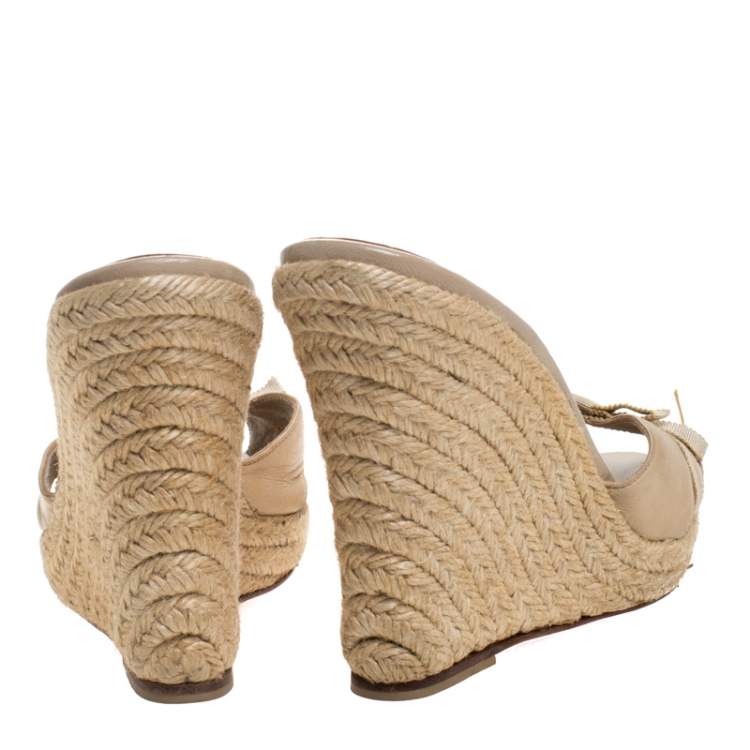 Pre Owned Christian Louboutin Beige Bow Espadrille Wedge Slides Size 39