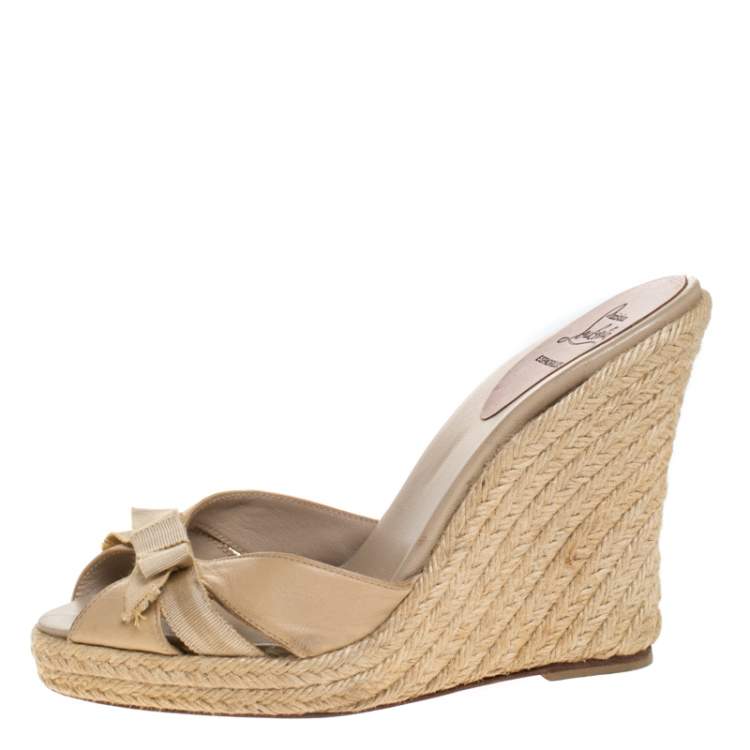 Pre Owned Christian Louboutin Beige Bow Espadrille Wedge Slides Size 39
