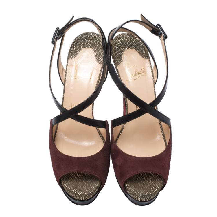 Pre Owned Christian Louboutin Multicolor Suede, Python And Leather Platform Ankle Strap Sandals Size 38