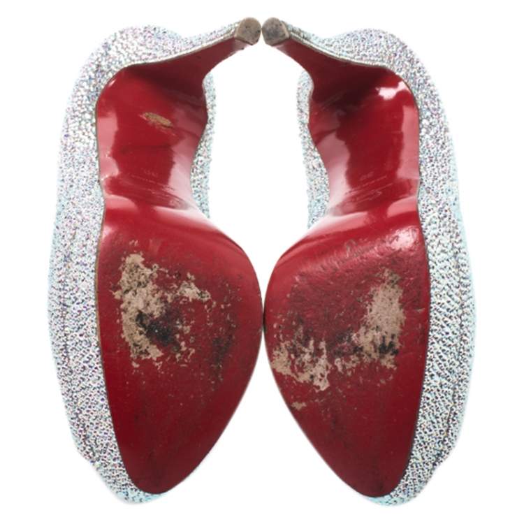 Pre Owned Christian Louboutin Silver Crystal Embellished Lady Peep Toe Platform Pumps Size 38