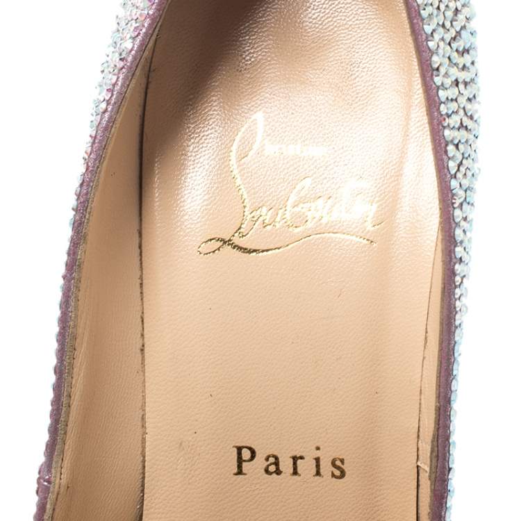 Pre Owned Christian Louboutin Silver Crystal Embellished Lady Peep Toe Platform Pumps Size 38