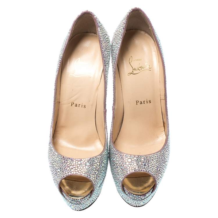 Pre Owned Christian Louboutin Silver Crystal Embellished Lady Peep Toe Platform Pumps Size 38