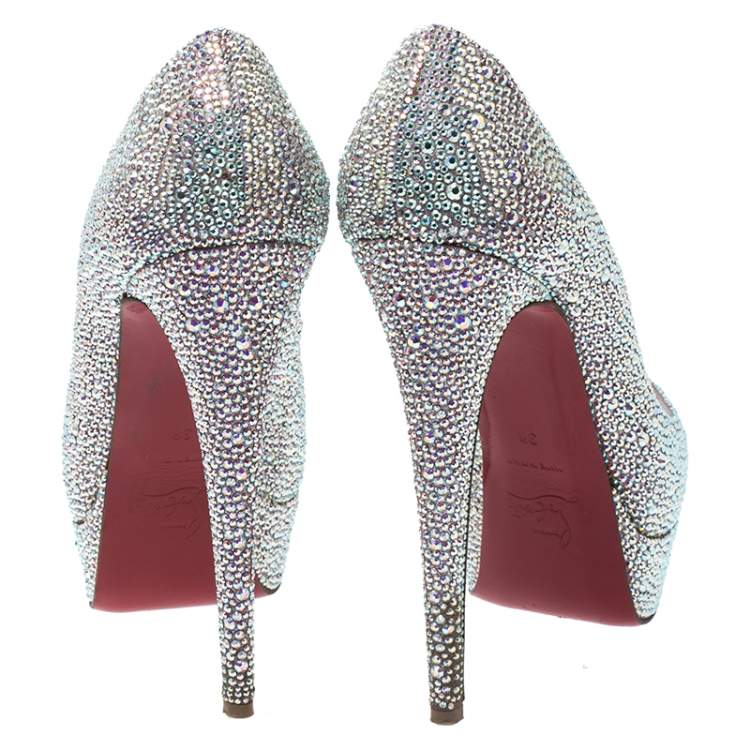 Pre Owned Christian Louboutin Silver Crystal Embellished Lady Peep Toe Platform Pumps Size 38