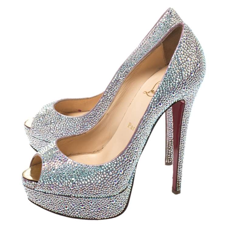 Pre Owned Christian Louboutin Silver Crystal Embellished Lady Peep Toe Platform Pumps Size 38
