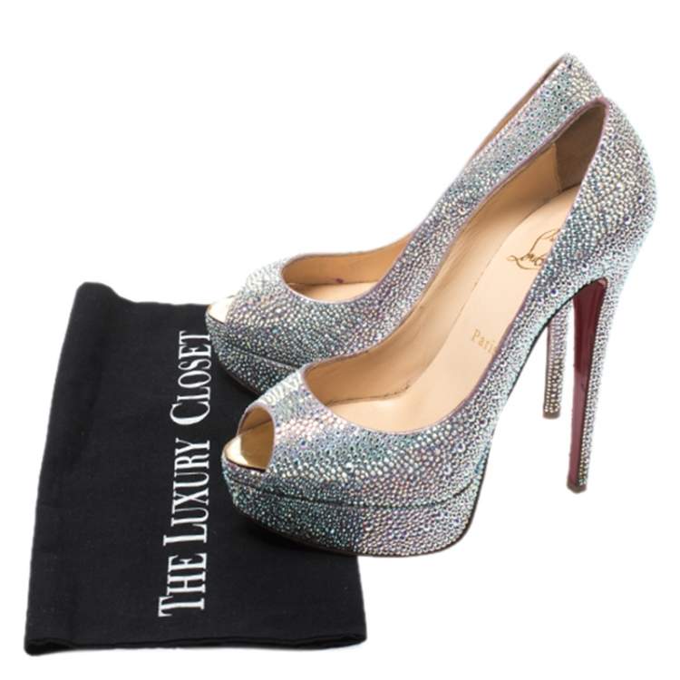 Pre Owned Christian Louboutin Silver Crystal Embellished Lady Peep Toe Platform Pumps Size 38
