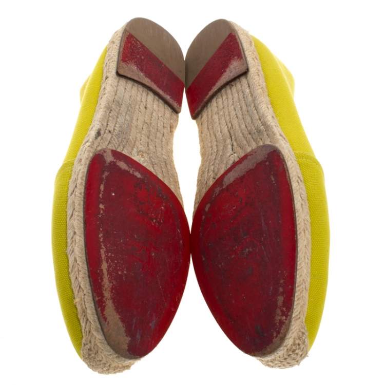 Pre Owned Christian Louboutin Yellow Canvas Gala Embroidered Crest Espadrille Loafers Side 38