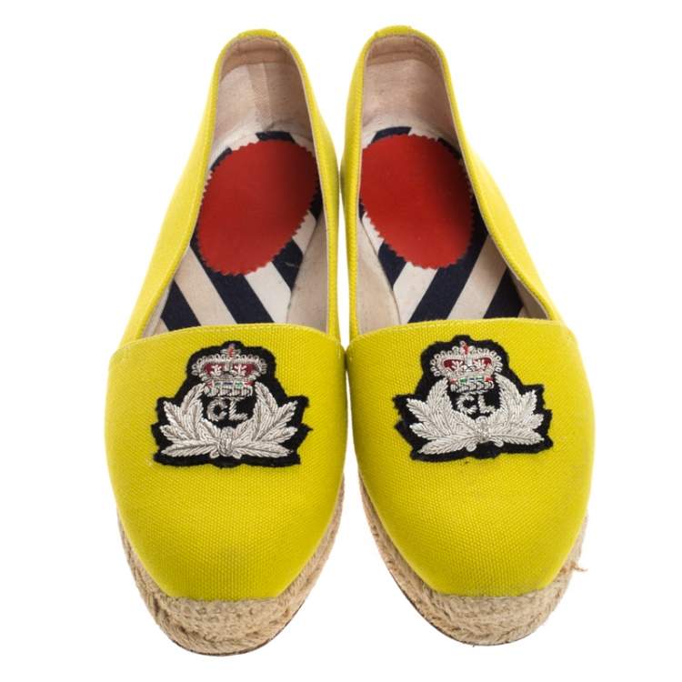 Pre Owned Christian Louboutin Yellow Canvas Gala Embroidered Crest Espadrille Loafers Side 38