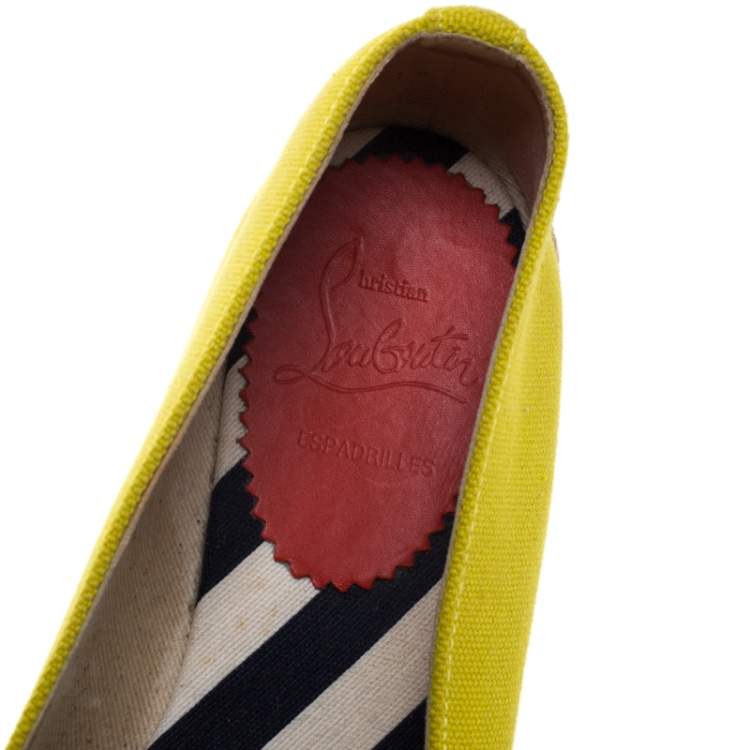Pre Owned Christian Louboutin Yellow Canvas Gala Embroidered Crest Espadrille Loafers Side 38