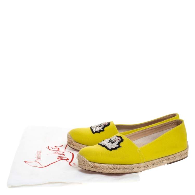 Pre Owned Christian Louboutin Yellow Canvas Gala Embroidered Crest Espadrille Loafers Side 38