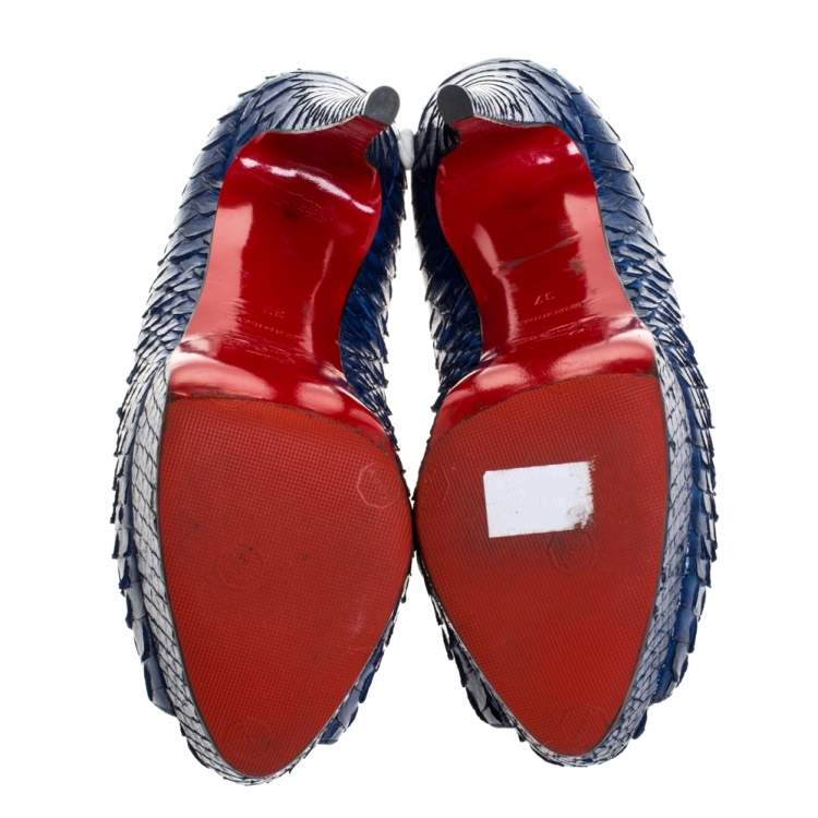 Pre Owned Christian Louboutin Blue Python Leather Lady Peep Platform Pumps Size 37