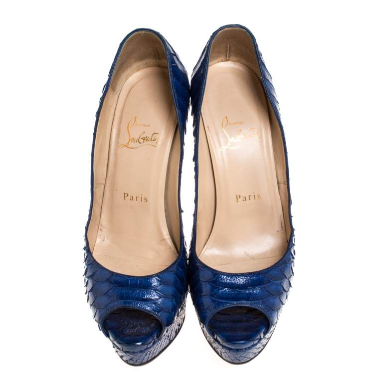 Pre Owned Christian Louboutin Blue Python Leather Lady Peep Platform Pumps Size 37