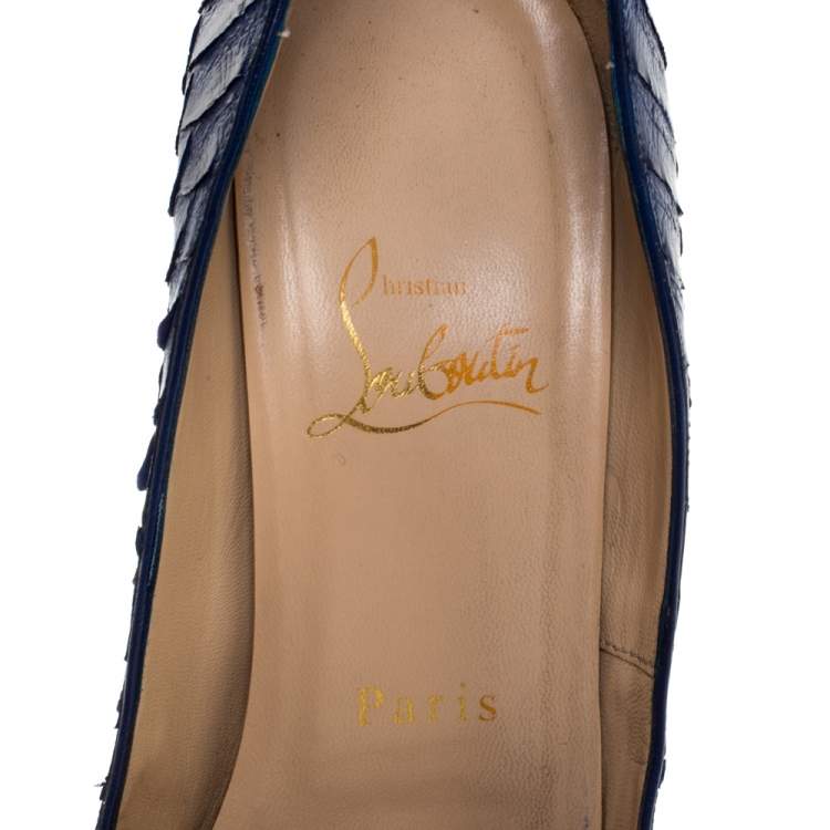 Pre Owned Christian Louboutin Blue Python Leather Lady Peep Platform Pumps Size 37