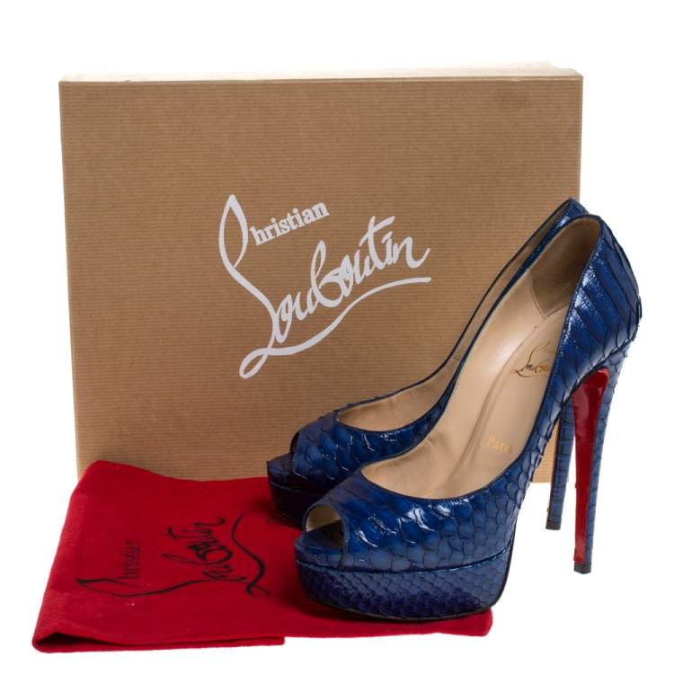 Pre Owned Christian Louboutin Blue Python Leather Lady Peep Platform Pumps Size 37