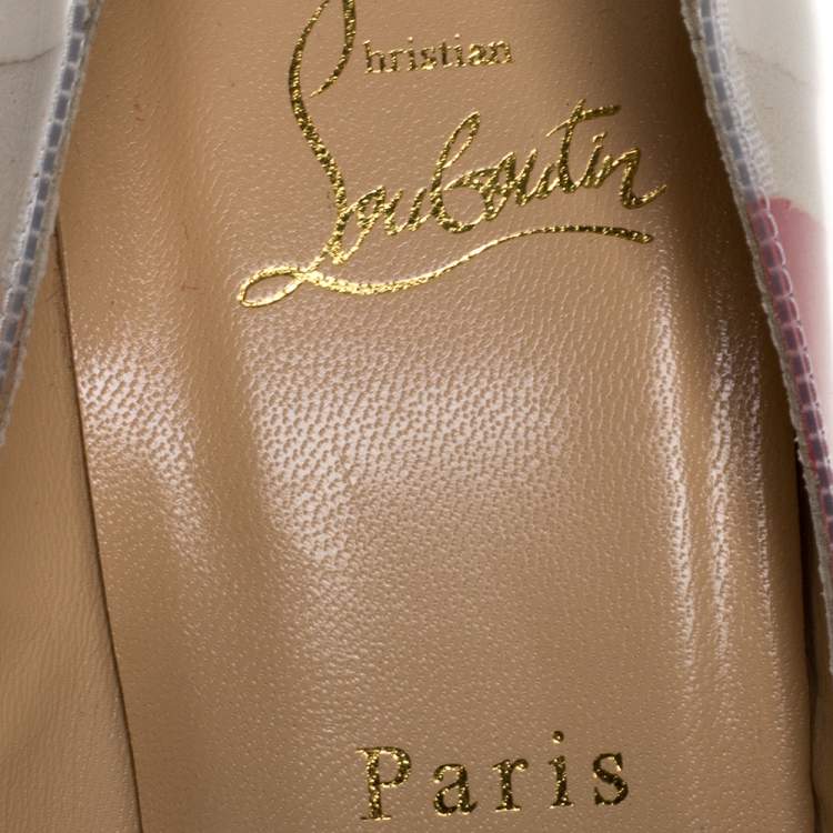 ممل�وكة مسبقًا Christian Louboutin Multicolor Loubi Kraft PVC and Leather Fetish Peep Toe Pumps Size 40.5