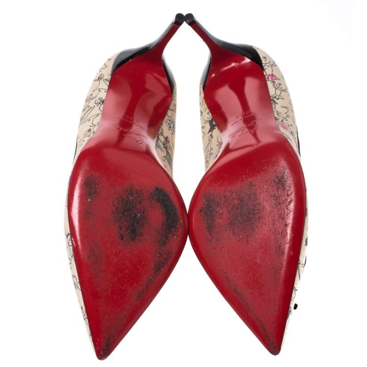 Pre Owned Christian Louboutin Multicolor Printed Satin Solasofia Pointed Toe Pumps Size 38.5