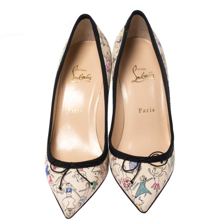 Pre Owned Christian Louboutin Multicolor Printed Satin Solasofia Pointed Toe Pumps Size 38.5