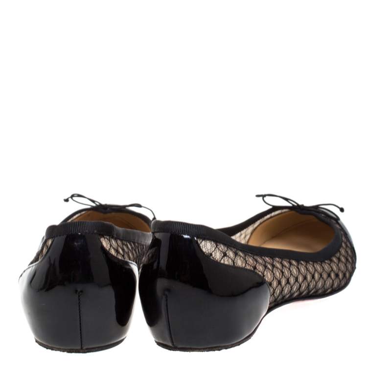 مملوكة مسبقًا Christian Louboutin Black Patent Leather and Mesh Miss Mix Bow Ballet Flats Size 37.5