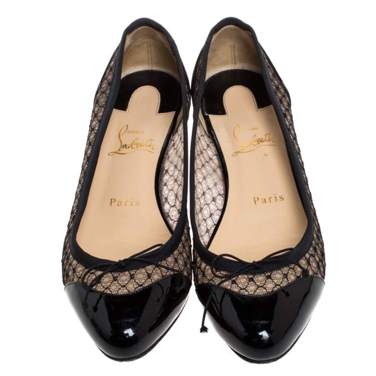 مملوكة مسبقًا Christian Louboutin Black Patent Leather and Mesh Miss Mix Bow Ballet Flats Size 37.5