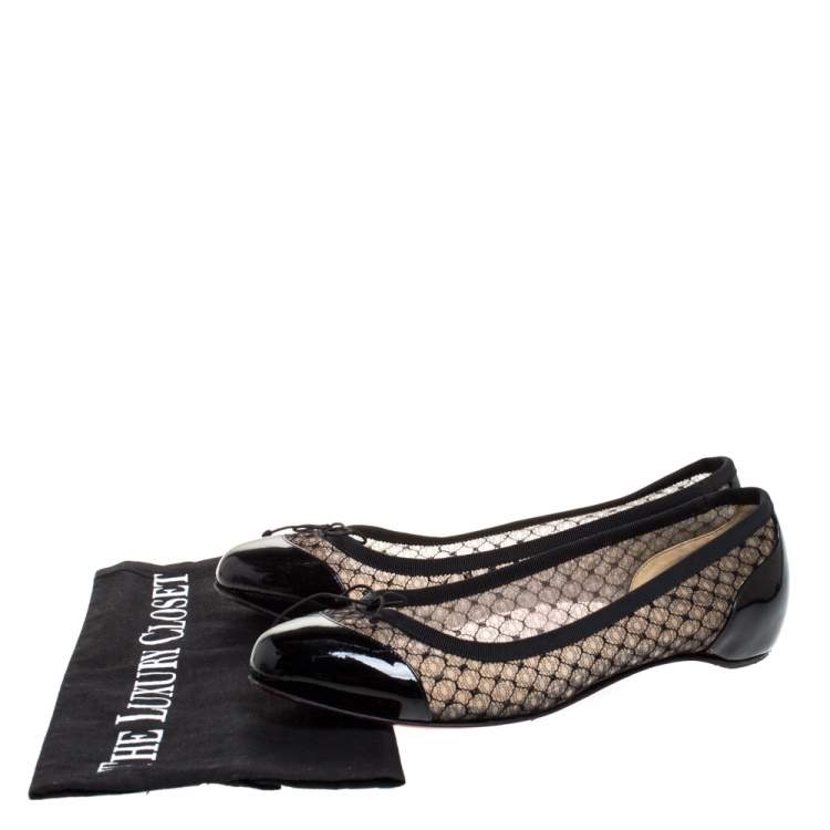 مملوكة مسبقًا Christian Louboutin Black Patent Leather and Mesh Miss Mix Bow Ballet Flats Size 37.5